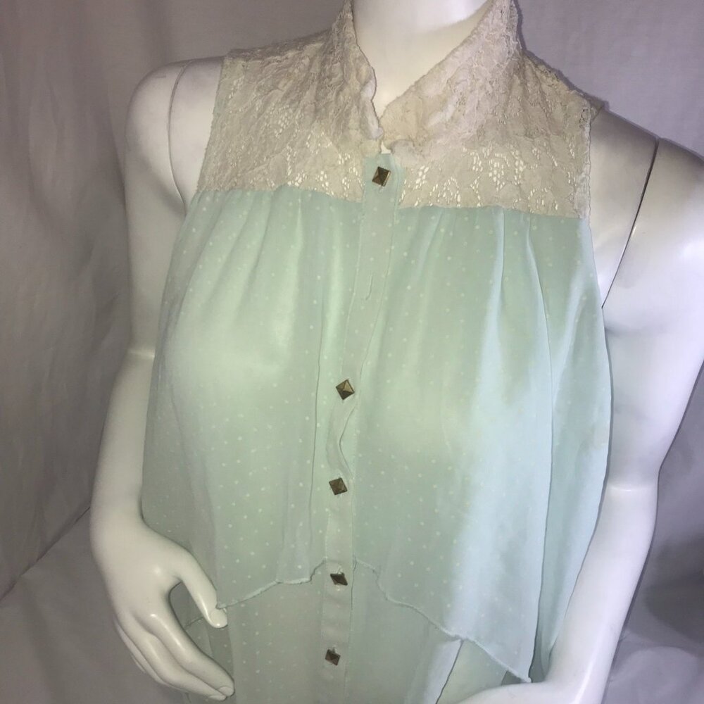 Heat Soul Sheer Summer Top Lightweight Blouse Green Gold Dots Lace Detail Large